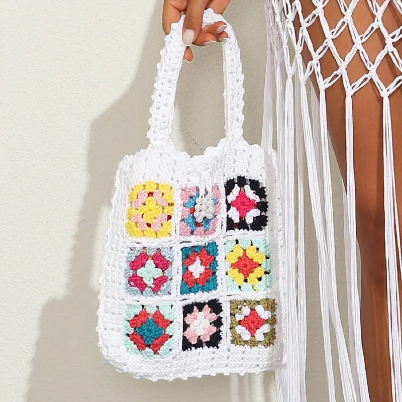 Boho Chic Floral Granny Square Handmade Crochet Knit Tote Bag