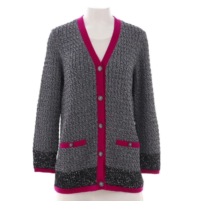 Women's Metallic Checked Colorblock V-Neck Cardigan Viscose Blend with Cashmere