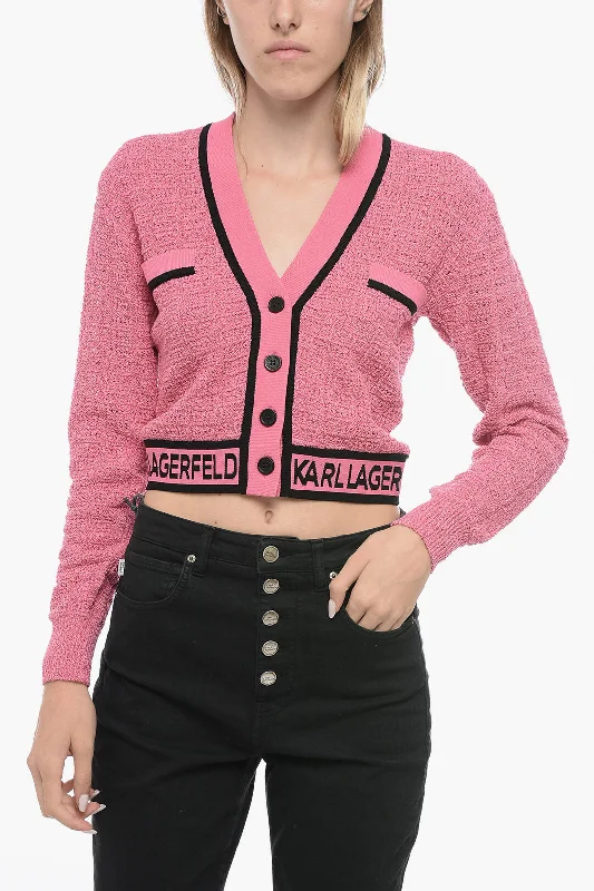 Karl Lagerfeld Bouclè Fabric Cropped Cardigan with Logoed Band