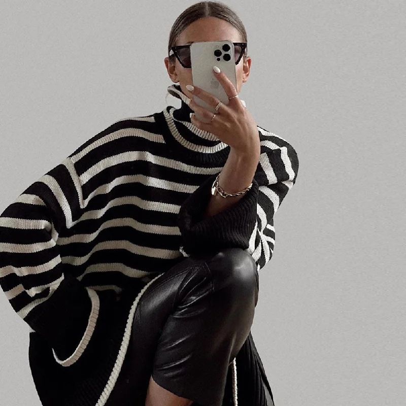 Oversized Turtleneck Bell Sleeve Breton Stripe Slit Knit Sweater