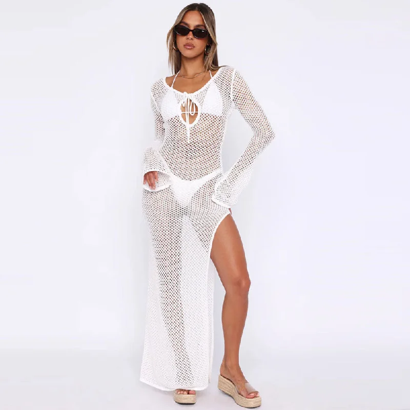 Sexy Tie Neck Cutout Bell Sleeve Split See Through Crochet Knit Maxi Dress