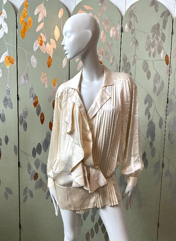 Vintage 1980s Gianfranco Ferré Cream Silk Satin Waterfall Poet Blouse with Pleats, M-L