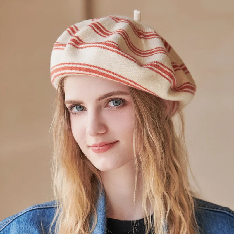 Retro Chic Contrast Color Striped Pattern Wool Blend Knit Beret Hat