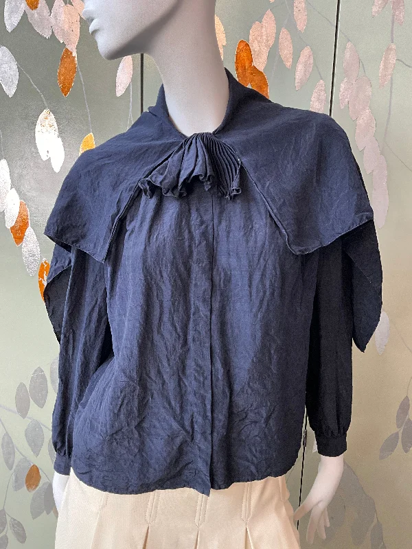 Vintage 1980s Valentino Navy Blue Silk Blouse with Capelet and Ruffle, L-XL