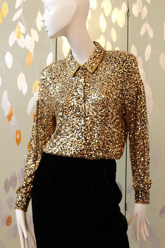 Vintage 1980s Oleg Cassini Gold Sequin Body Suit, M/L