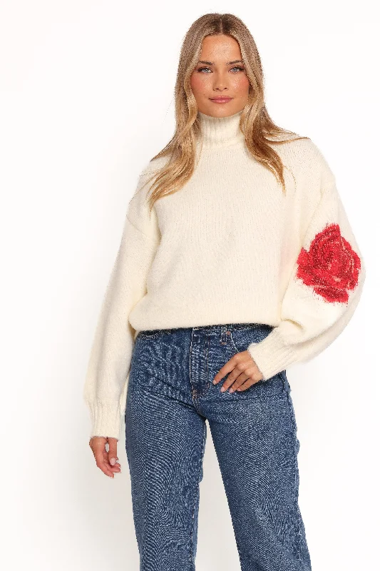 Kelso Flower Embroidery Knit Sweater - Cream