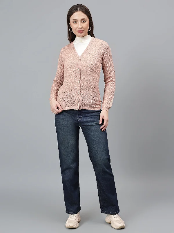 Women's Self Design Dusty Pink Full Sleeves Casual Sweater