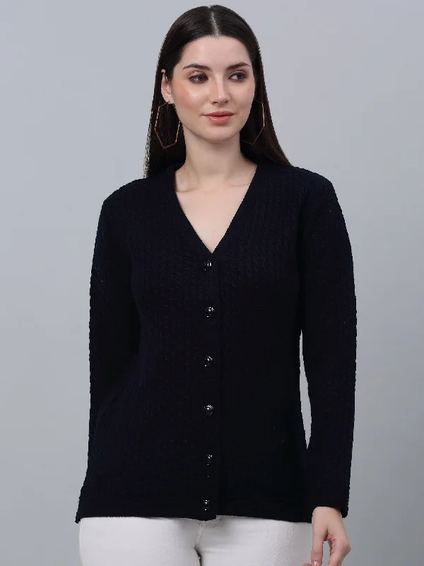 Women's Casual  Navy Blue V neck Cardigan Sweater