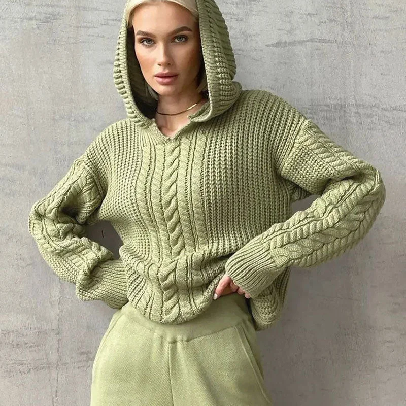 Athleisure Fisherman Cable Knit Drop Shoulder Long Sleeve Hooded Oversized Sweater