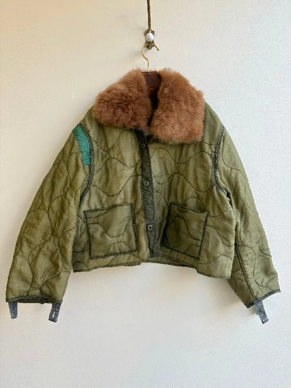 Olive Green Patched Army Liner Quilted Coat w/ Caramel Alpaca Fur Collar (Reworked)