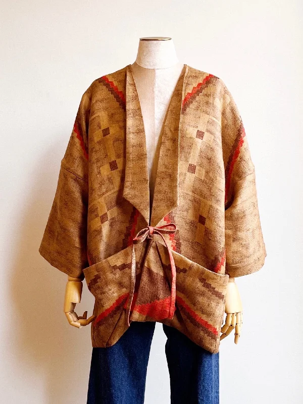 Tan, Brown, Orange Linen Santa Fe Print Chore Jacket