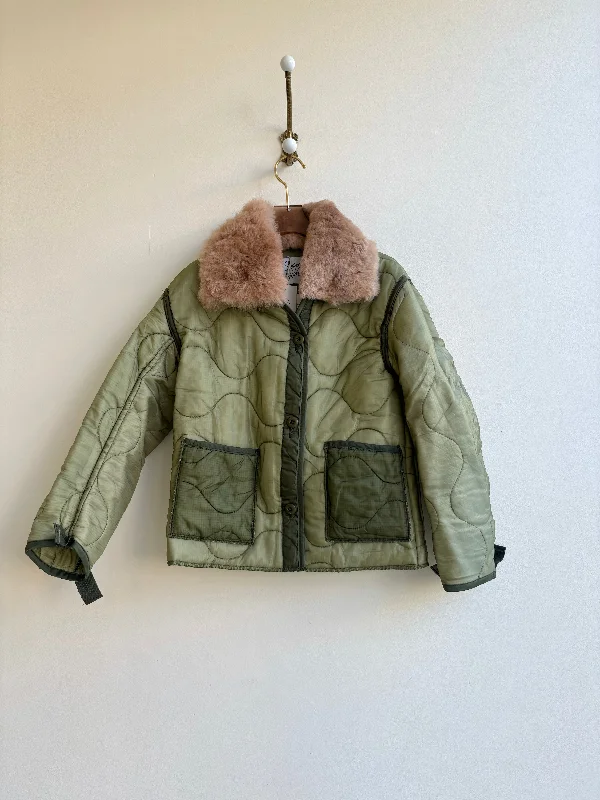 Two Tone Olive Green Army Liner Quilted Coat w/ Caramel Alpaca Fur Collar (Reworked)