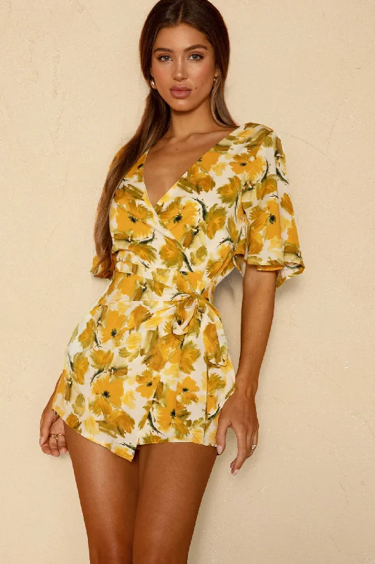 Nadi V-Neckline Wrap Romper Flower Paint Print Yellow