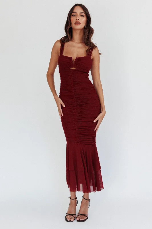 Nadia Ruched Fishtail Maxi Dress Dark Mauve