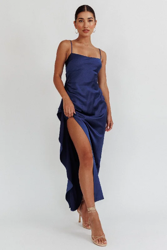 Night Swim Satin Leg Slit Maxi Dress Navy