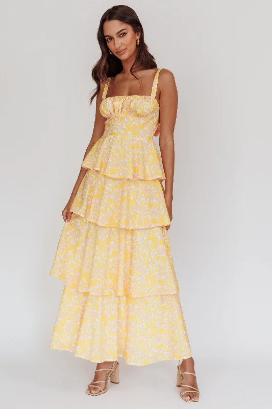 Provence Bloom Tiered Ruffle Floral Maxi Dress Yellow