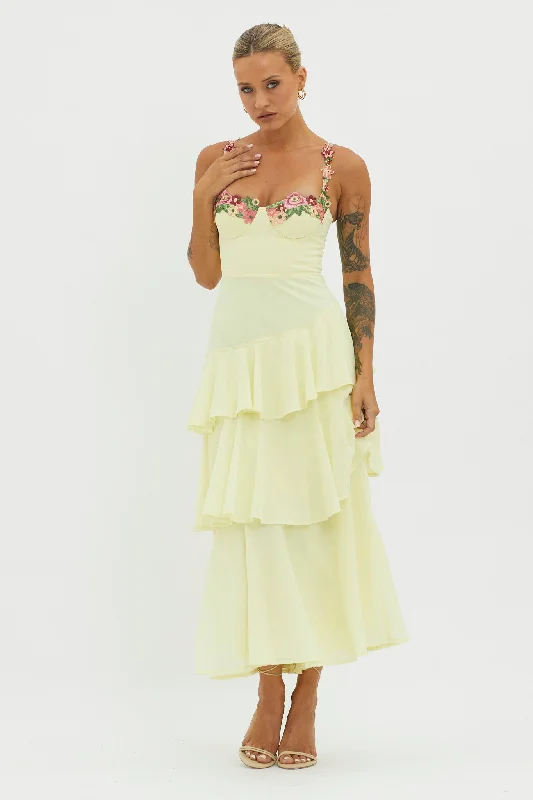 Rose Garden Tiered Ruffle Floral Trim Dress Lemon