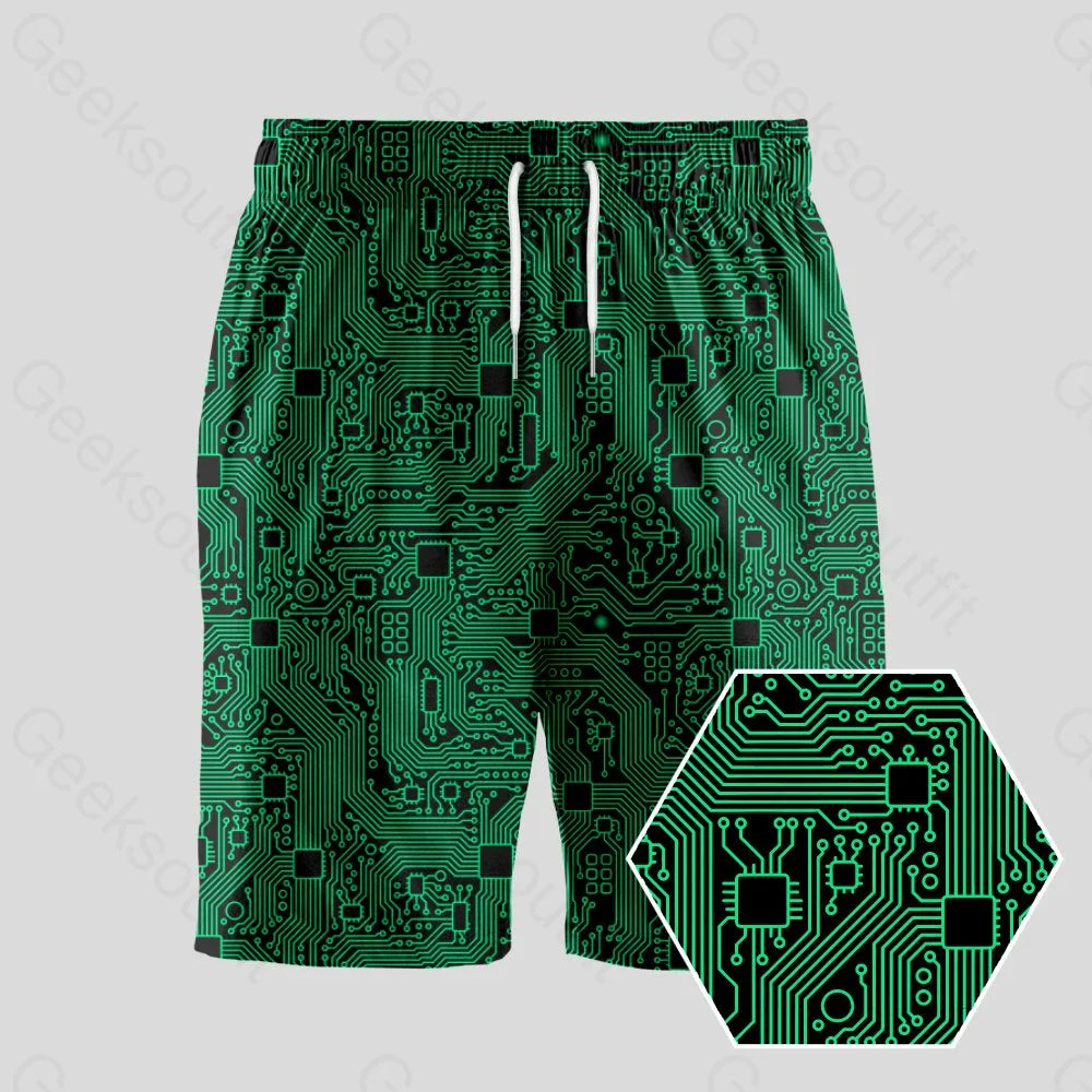 Computer Circuit Board Green Geeky Drawstring Shorts