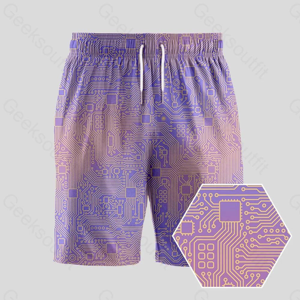 Computer Circuit Board Purple Geeky Drawstring Shorts