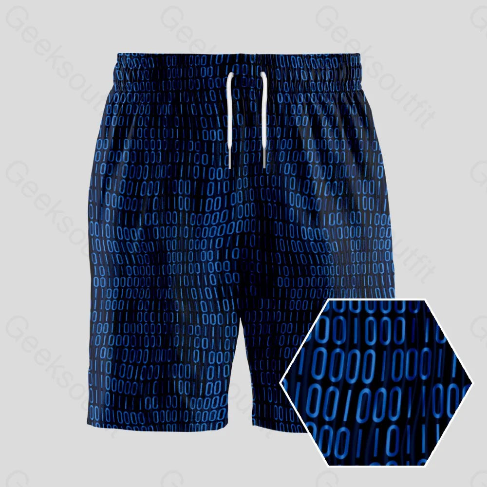 Curved Binary Computer 1s and 0s Blue Geeky Drawstring Shorts