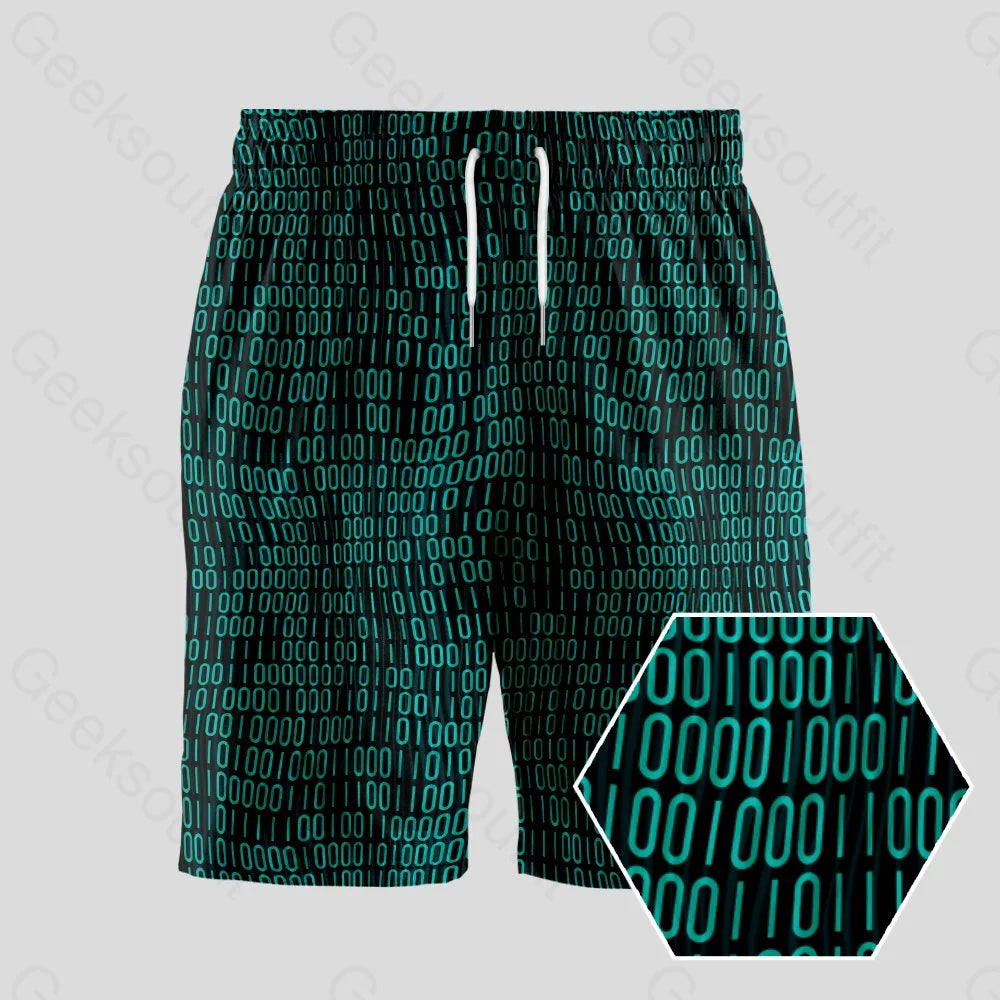 Curved Binary Computer 1s and 0s Dark Green Geeky Drawstring Shorts