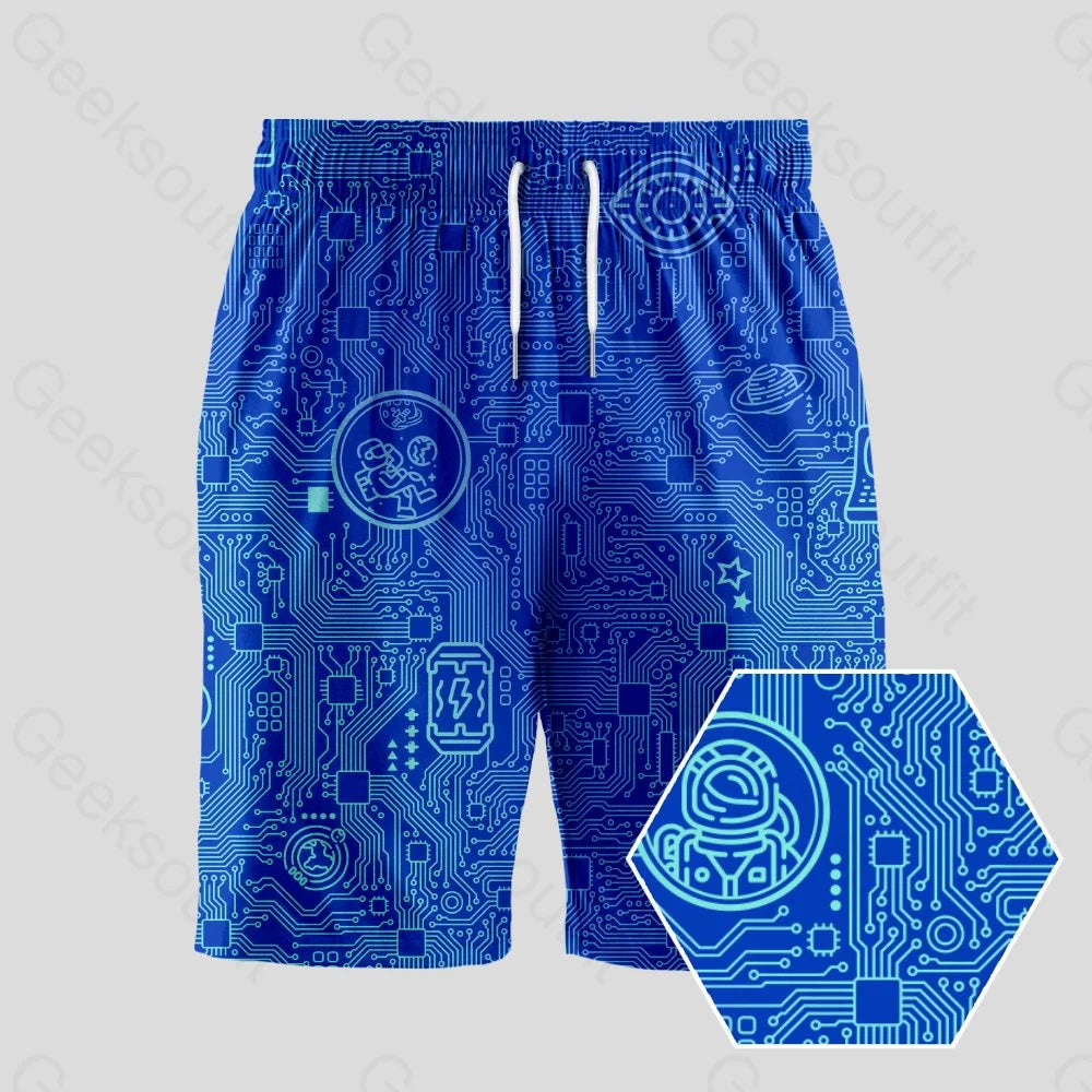 Geek Element Computer Circuit Board Blue Geeky Drawstring Shorts