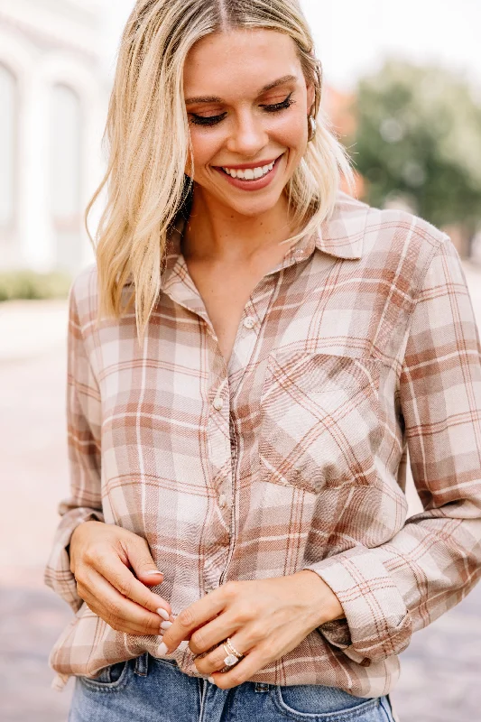 Get Moving Oatmeal Brown Plaid Button Down Top