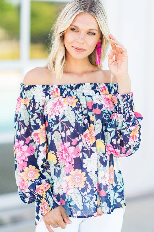 Happiness Acquired Navy Blue Floral Blouse