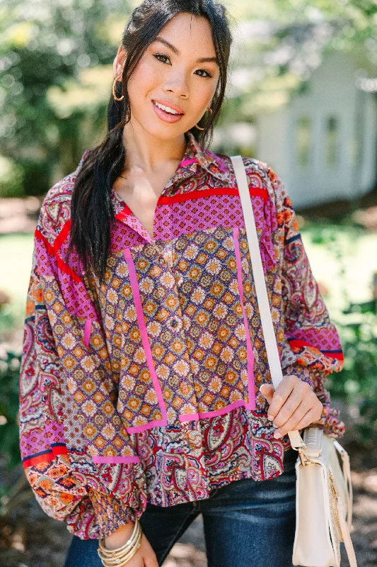 Play Fair Hot Pink Mixed Print Blouse