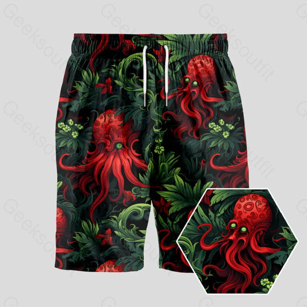 Red Cthulhu Geeky Drawstring Shorts