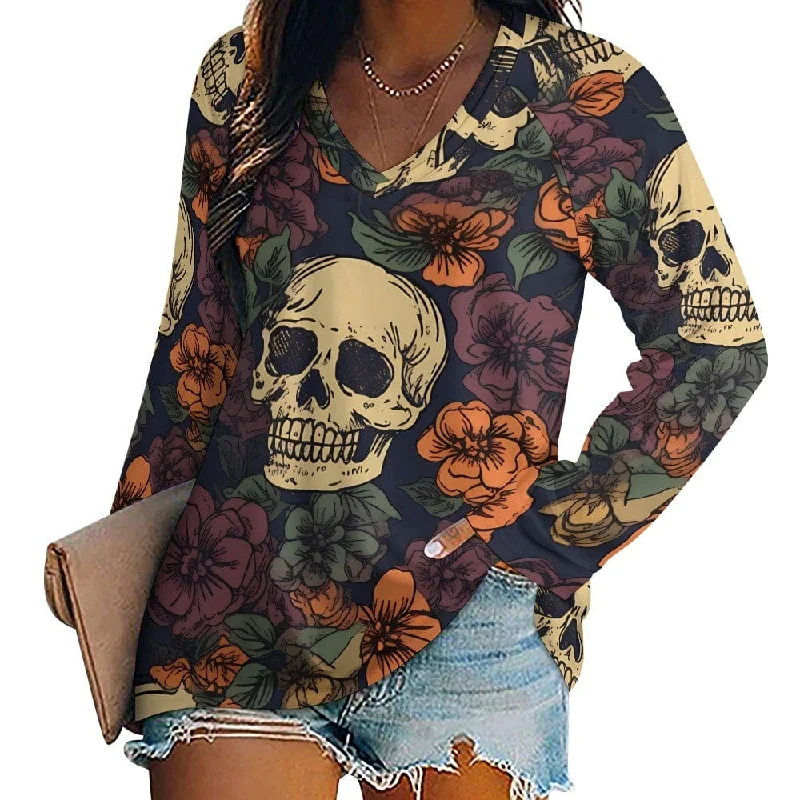 Women's Brown Floral Skull Long Sleeve Loose Top