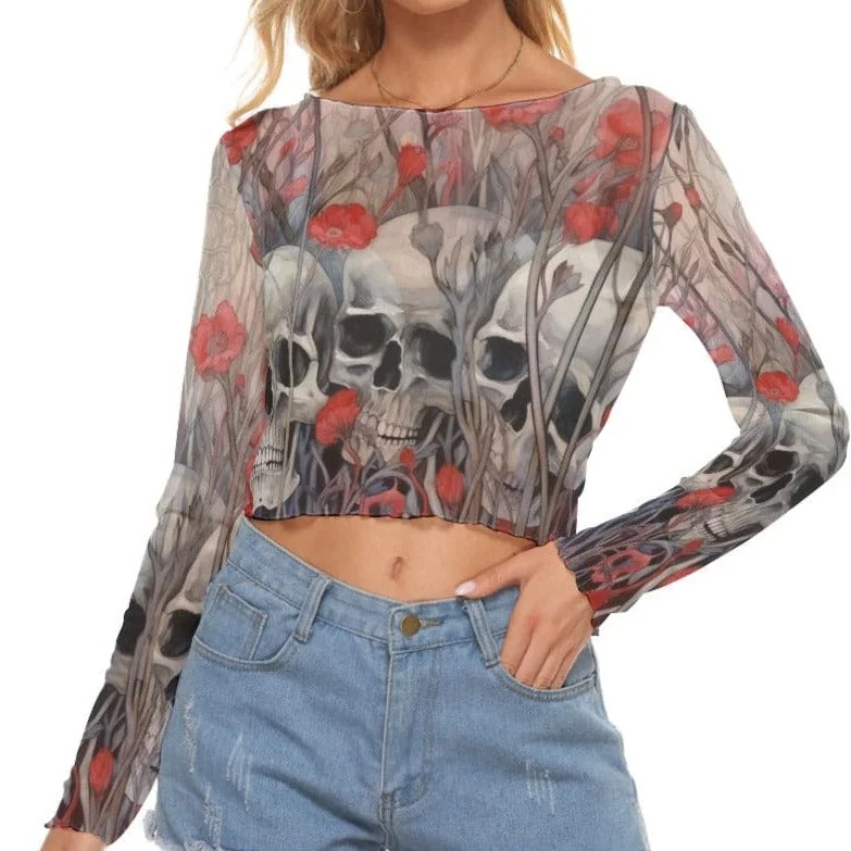 Women's Garden With Skulls And Flowers Mesh Long Sleeves Top