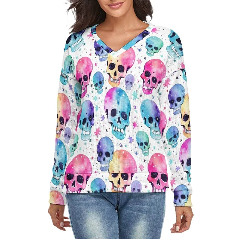 Women's Pink Blue Skulls V-Neck Long Sleeve Sweater