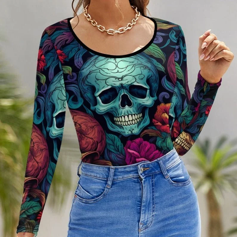 Women's Skull Colorful U-Neck Long Sleeve Top