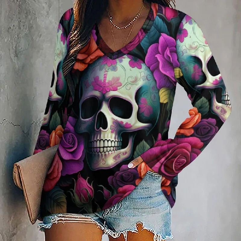 Women's 💀👩 Skull Floral Long Sleeve Loose Top