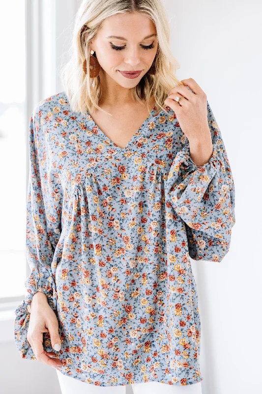 Keep You In My Heart Dusty Blue Ditsy Floral Top