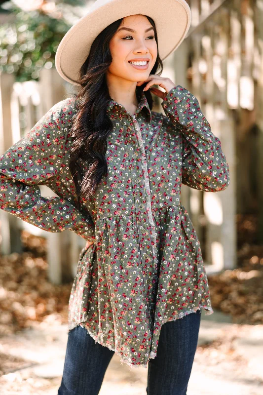 No Surprise Here Olive Green Ditsy Floral Corduroy Blouse