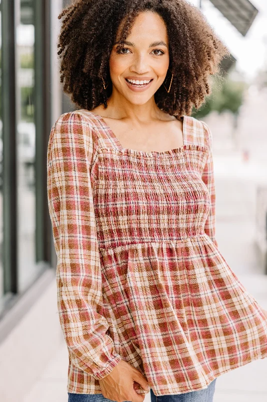 Simple Love Mocha Brown Plaid Smocked Top